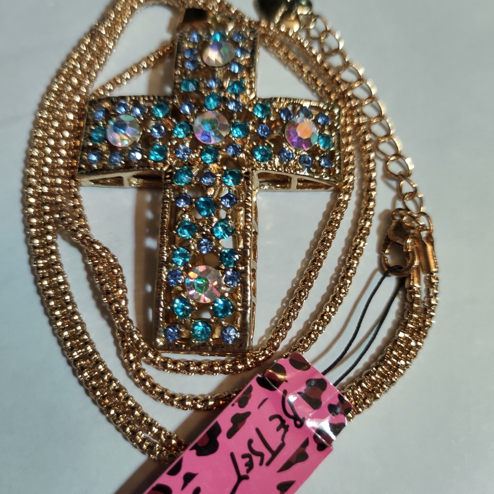 Betsey Johnson Gold Cross Necklace with Blue Accents
